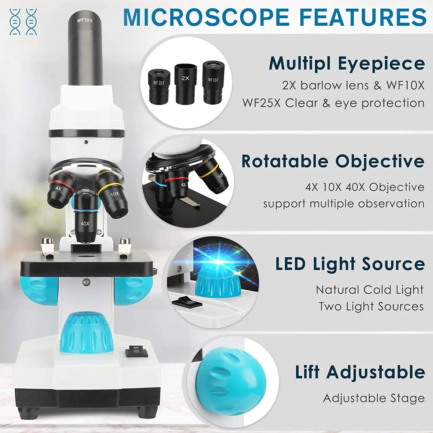 Microscope 40x-2000x Kit with Led Lights