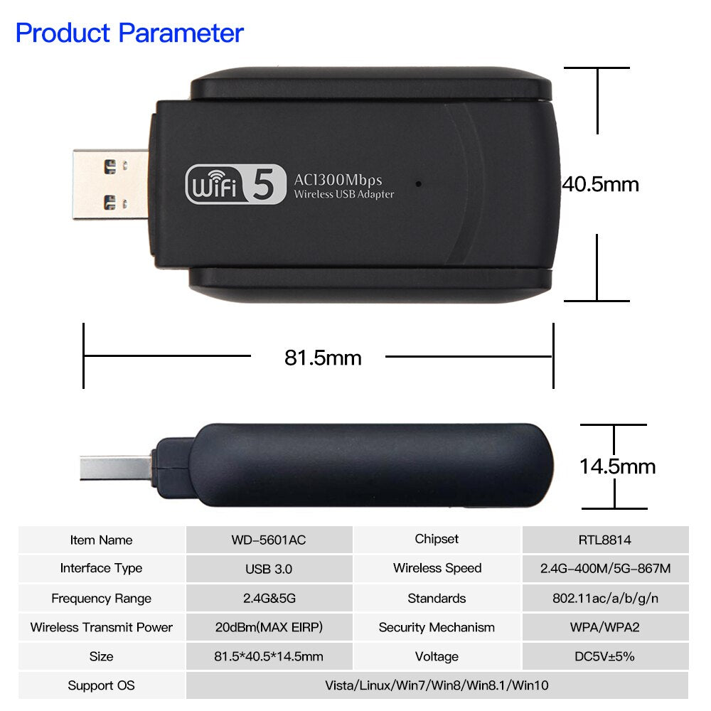 Network Adapter Dual Band 1300Mbps USB3.0 WiFi