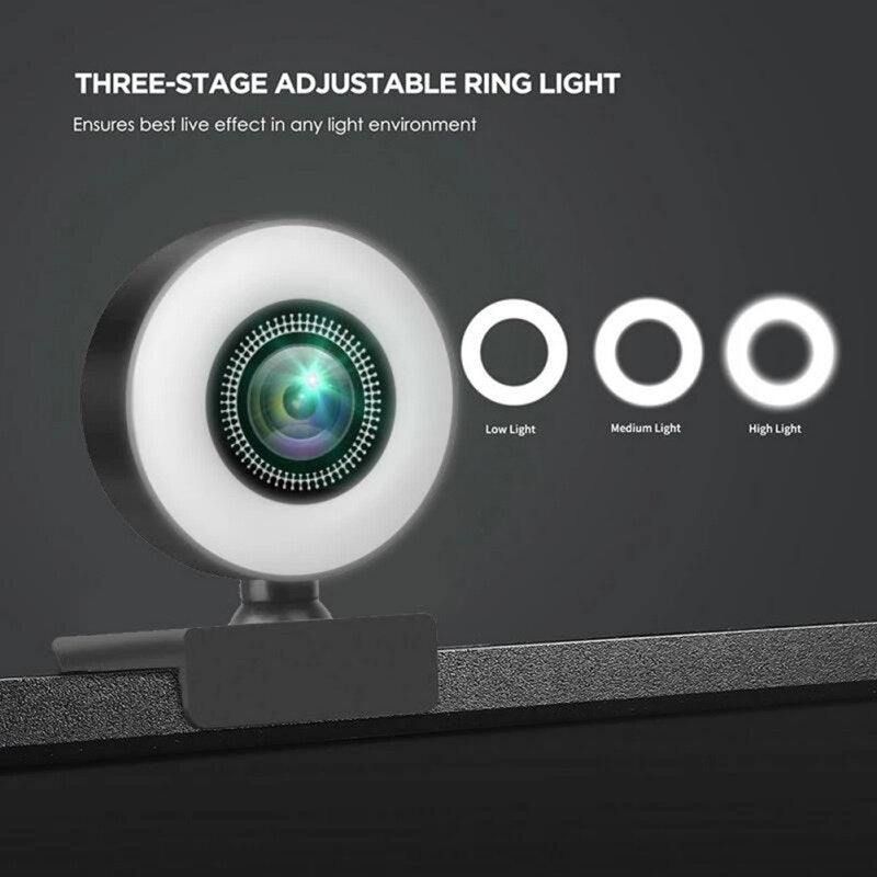 Camera Web 4K 5MP USB Auto Focus Light Ring with Microphone