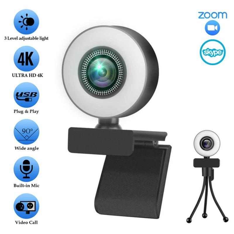 Webcam Full HD Web with Microphone and LED Fill Light
