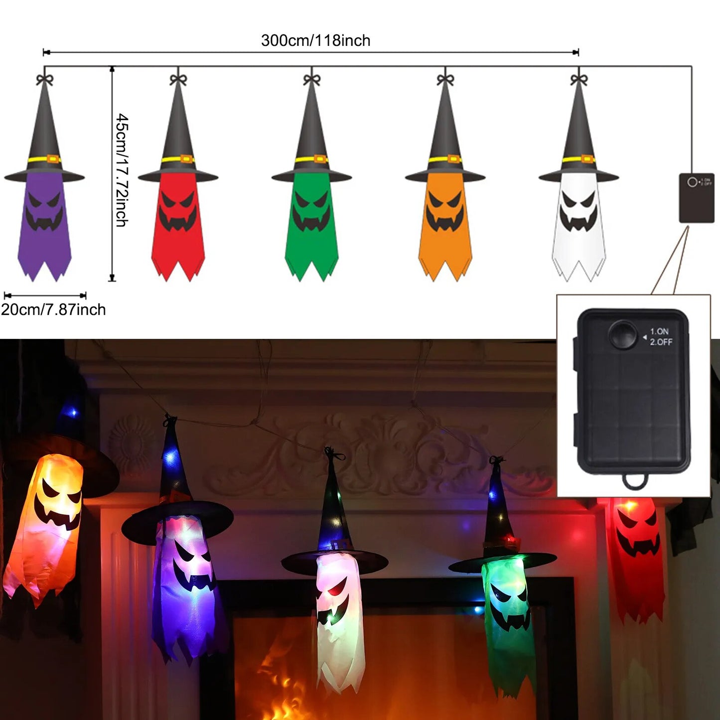 LED Halloween Flying Ghosts in Witch Hat Lights