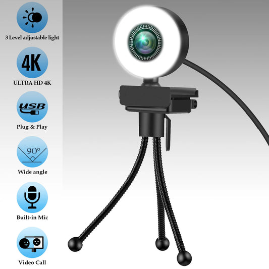 Webcam Full HD Web with Microphone and LED Fill Light