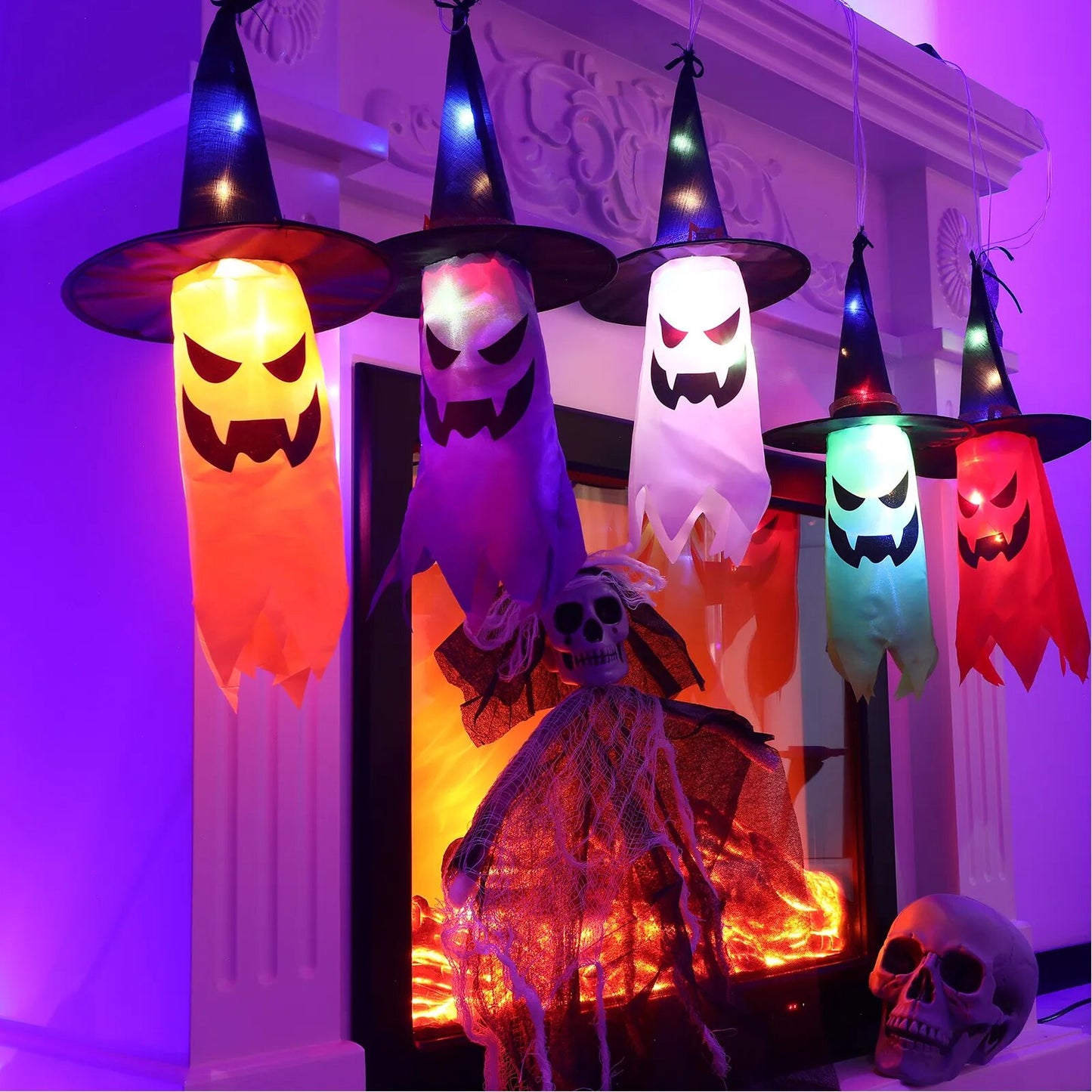 LED Halloween Flying Ghosts in Witch Hat Lights